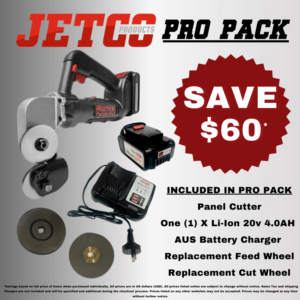 Jetco Products Wachtel Panel Cutter Pro Pack Includes 4.0 AH Lithium-Ion Battery and AUS Battery charger along with Cut and Feed Wheel