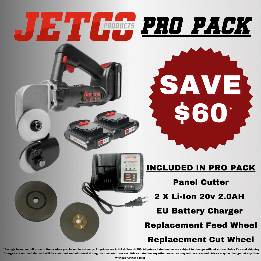 Jetco Products Wachtel Panel Cutter Pro Pack Includes 2 2.0 AH Lithium-Ion Battery and EU Battery charger along with Cut and Feed Wheel