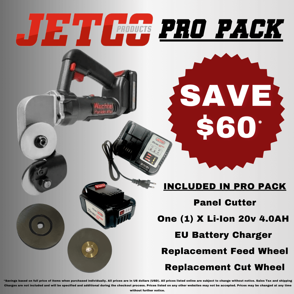 Jetco Products Wachtel Panel Cutter Pro Pack Includes 4.0 AH Lithium-Ion Battery and EU Battery charger along with Cut and Feed Wheel