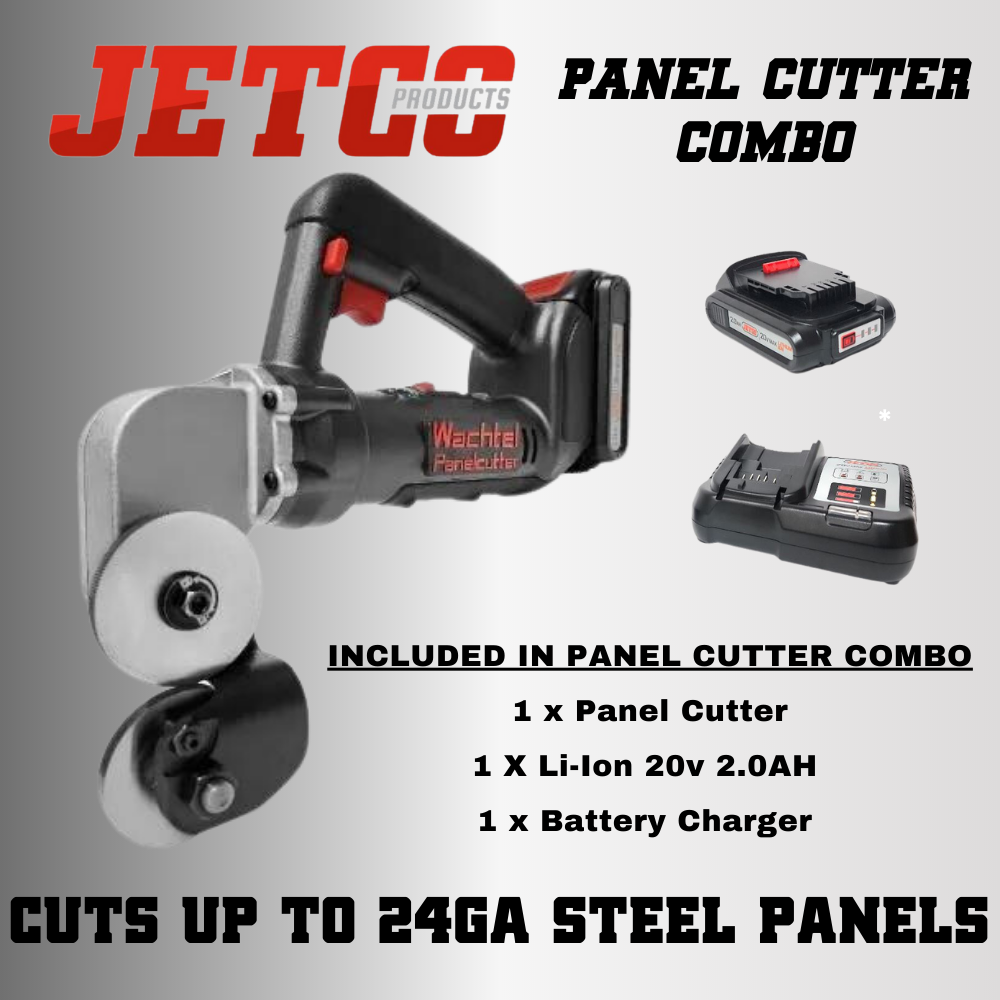 Wachtel Panel Cutter Combo (Battery and Charger Included)Included in Box (1) Wachtel Panel Cutter (1) Lithium Ion 20v 2.0AH Battery (1) ChargerIncluded in Box (1) Wachtel Panel Cutter (1) Lithium Ion 20v 2.0AH Battery (1) ChargerInternational Plugs: USA C