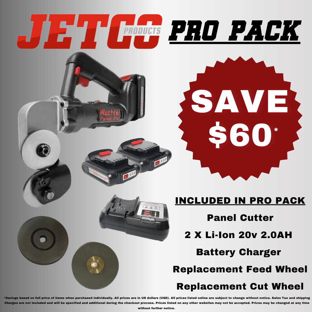 Jetco Products Wachtel Panel Cutter Pro Pack Includes 2 2.0 AH Lithium-Ion Battery and USA Battery charger along with Cut and Feed Wheel