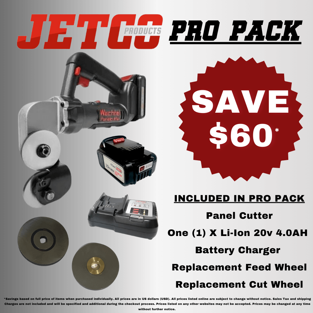 Jetco Products Wachtel Panel Cutter Pro Pack Includes 4.0 AH Lithium-Ion Battery and USA Battery charger along with Cut and Feed Wheel